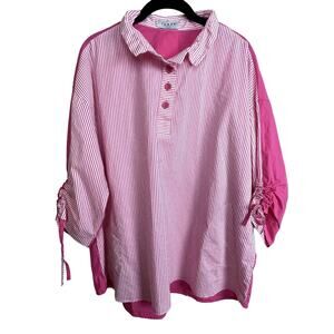 Terra SJ Apparel Top Women's XL Pink White‎ Contrast Tunic Wire Collar Button Up